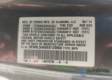 2014 Honda Odyssey Ex-L z USA, uszkodzony, nr VIN 5FNRL5H60EB120068